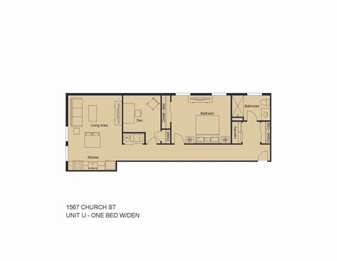 Floor plan for 1 bed, 1 bath, 844 sqft